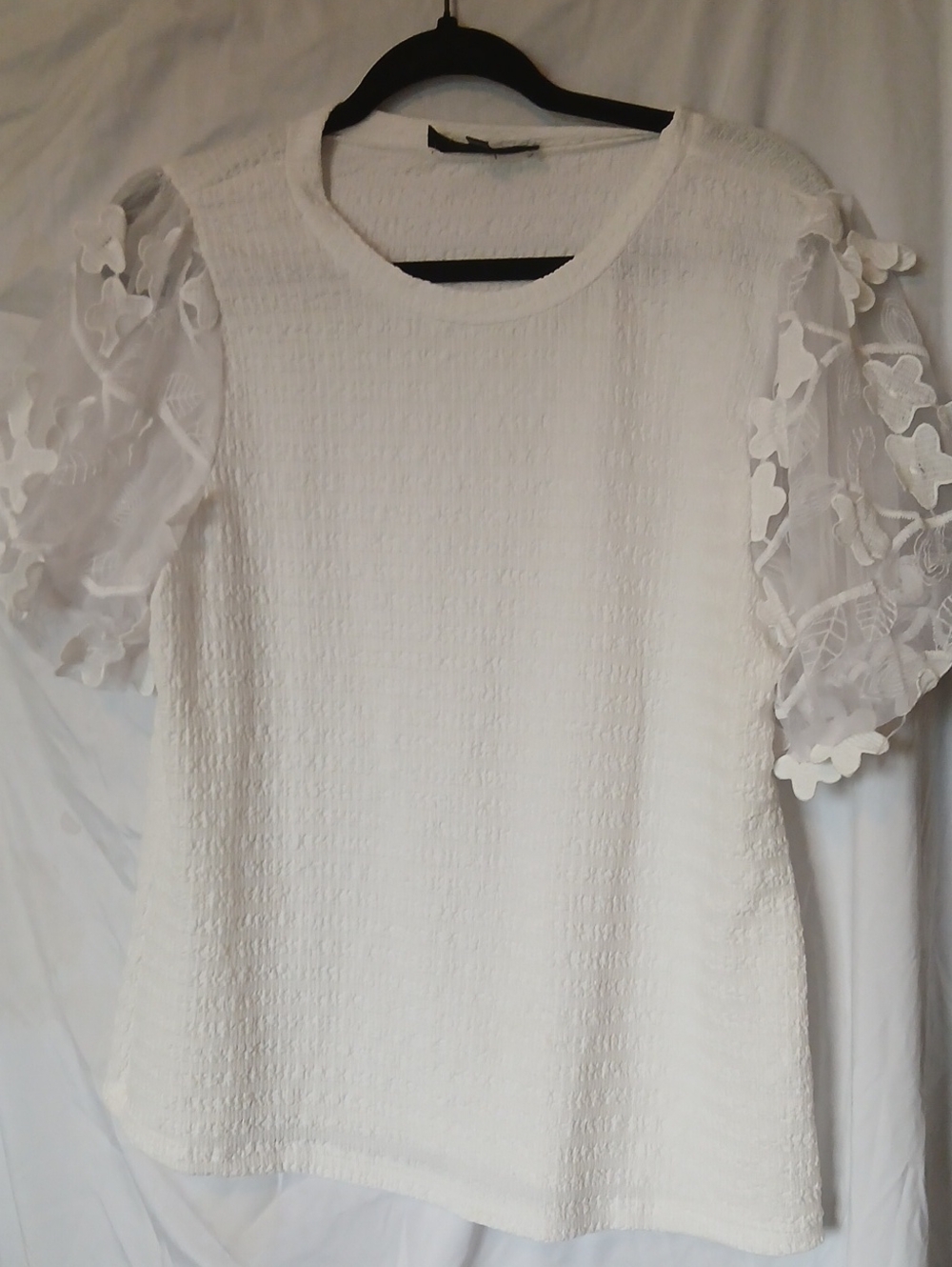 Alice Blue White Textured Top with Floral Sheer Puff Sleeves